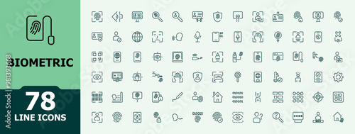 Biometric and Identity icons in line style. Authentication linear icons collection. Identification, passport, ID card, fingerprint, Minimal editable stroke