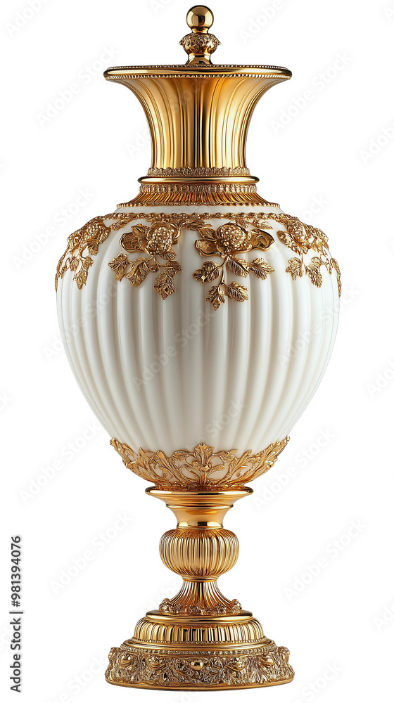 A luxurious sculptural cup stands tall and is decorated with gold. A luxurious sculptural cup stands tall and is decorated with gold.