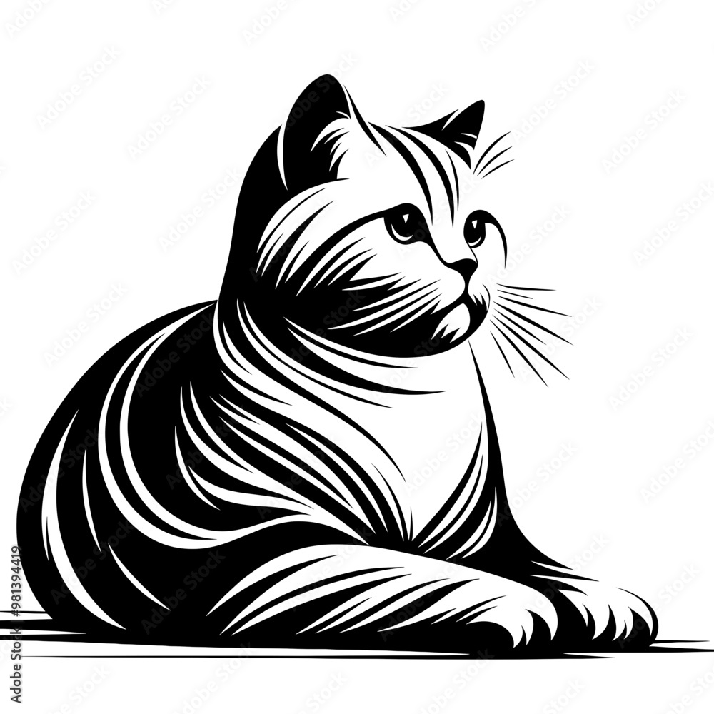 Obraz premium A British Shorthair and white cat is laying down on a white background. The cat has a calm and relaxed expression on its face