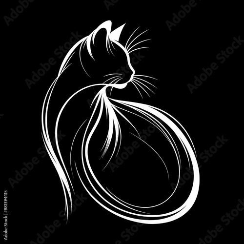 A cat is shown in a black and white drawing. The cat is curled up and he is resting. The drawing has a calm and peaceful mood, and it seems to be a representation of the cat's natural behavior