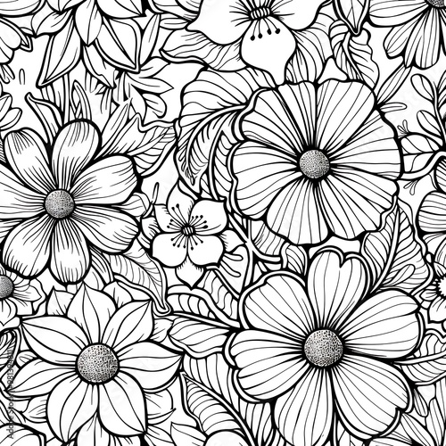 A detailed black and white floral pattern featuring various flower types and intricate leaf designs.