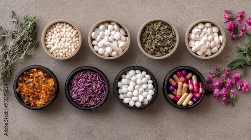 Top view of assorted homeopathic pills and herbs in vintage containers, supplements, natural wellness products on a rustic surface