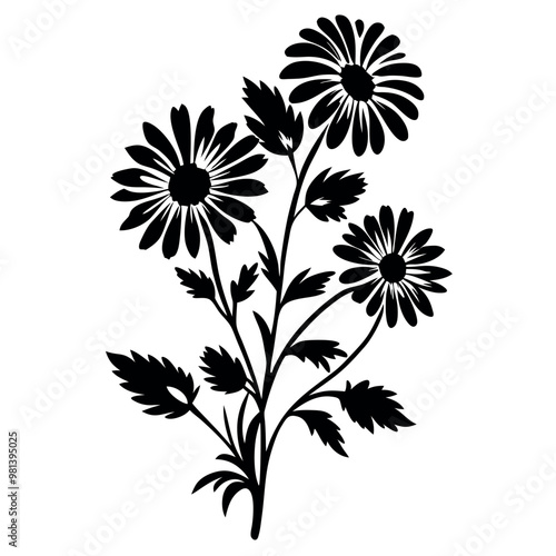 a black and white silhouette of a bunch of flowers. The flowers are daisies with five petals each and a yellow center. The stems and leaves are long and thin, with a few small buds scattered throughou