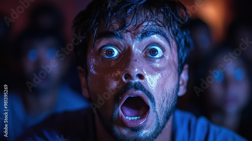 Close-up of a man with wide open eyes and mouth in shock, illuminated by blue light in a dramatic scene.