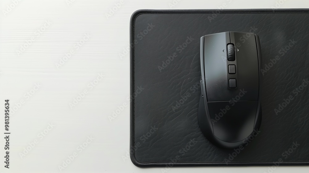 Black wireless mouse and black mousepad on a white surface. Top view. Close-up. Black wireless mouse and black mousepad on a white surface. Top view. Close-up.