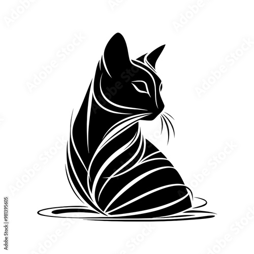 Havana Brown black cat with a white background. The cat is sitting in a pool of water. The cat is looking at the camera