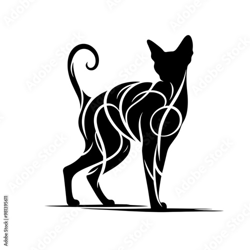 A Devon Rex cat with a long tail and a black body. The cat is standing on a white background