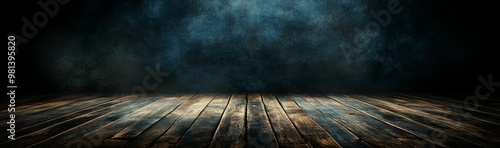 A wooden floor is set against a dark, textured background, creating a dramatic and atmospheric setting suitable for various uses