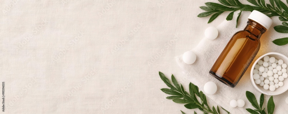 Organic homeopathic remedy kit laid out on linen cloth, homeopathy, minimalist lifestyle with natural healing tools Organic homeopathic remedy kit laid out on linen cloth, homeopathy, minimalist lifestyle with natural healing tools