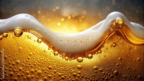 A close-up of frothy beer bubbles, showcasing a rich golden color and texture, creating a refreshing and appetizing appearance. photo