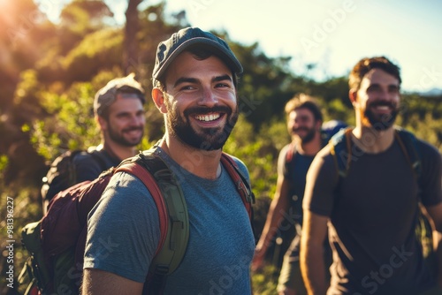Guys night out - diverse men friends at hiking trip smiling. Men on adventure together. Male friendship. Bromance. 