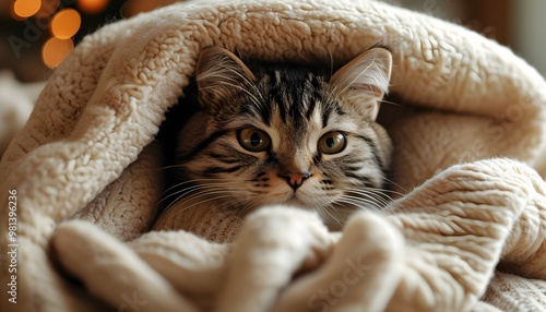 Cozy Winter Retreat: A Cat Snuggled in Plush Blankets Radiating Comfort and Warmth