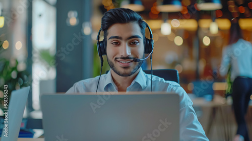 Indian call center agent wearing headset talking to client, contract service telemarketing operator using laptop having conversation working in customer tech assistance support office