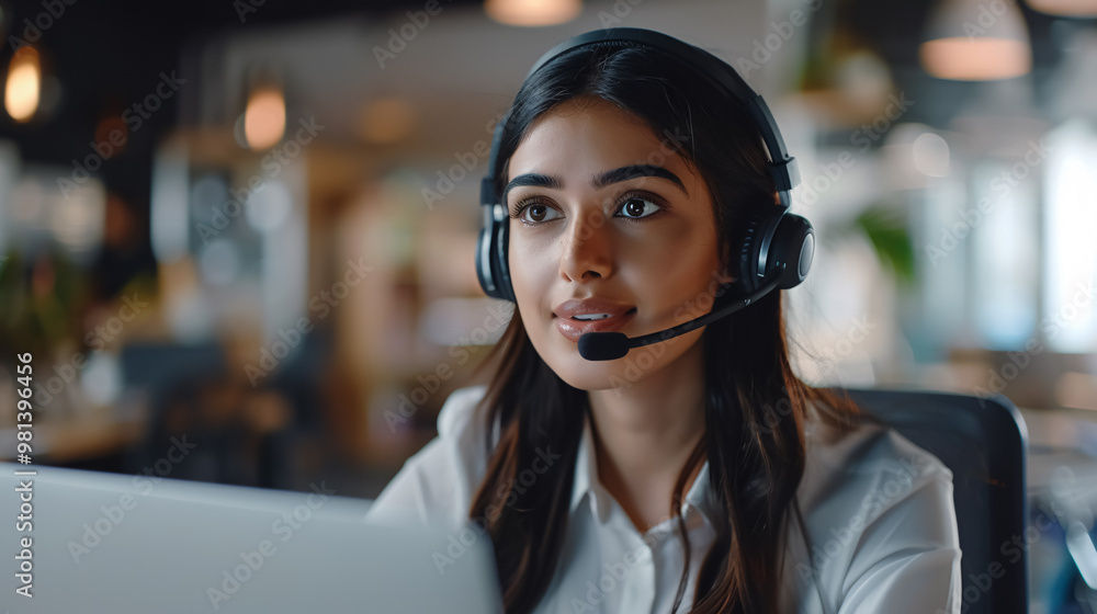 Indian call center agent wearing headset talking to client, contract service telemarketing operator using laptop having conversation working in customer tech assistance support office Indian call center agent wearing headset talking to client, contract service telemarketing operator using laptop having conversation working in customer tech assistance support office