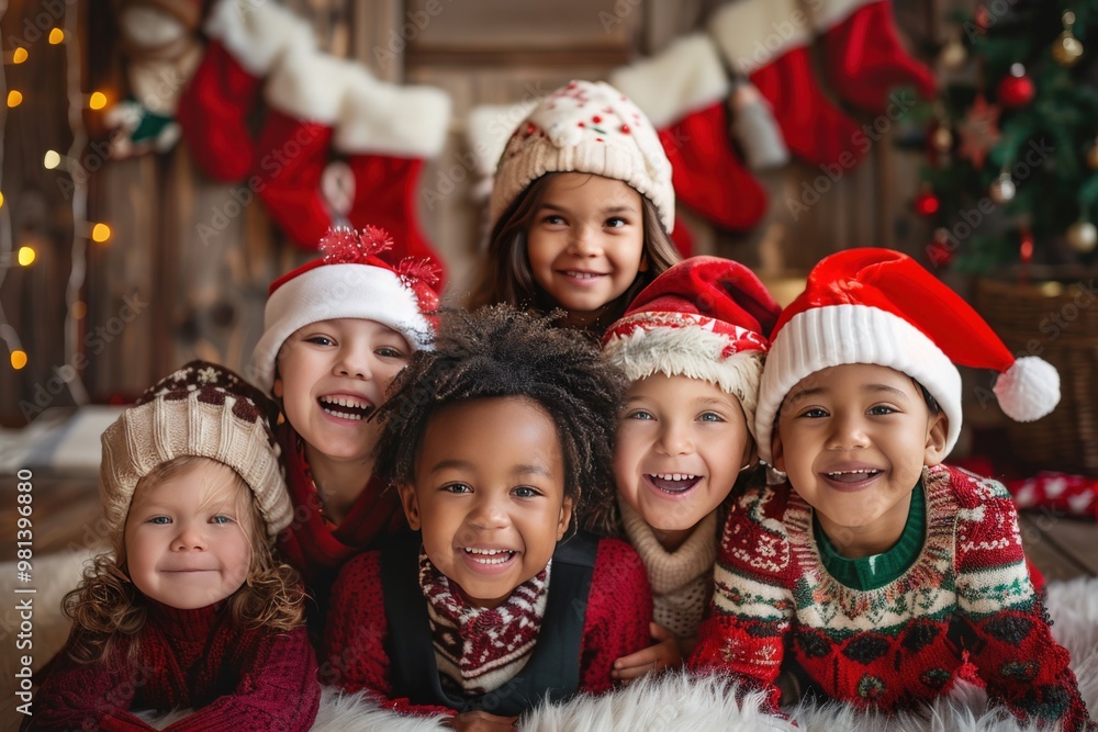 A group of children are wearing red and white hats and smiling, generative ai image A group of children are wearing red and white hats and smiling, generative ai image