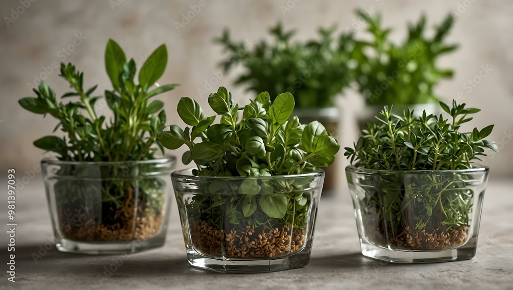 Fresh culinary herbs in glass dishes on a light background. Fresh culinary herbs in glass dishes on a light background.