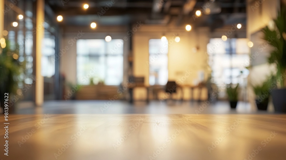 Modern open-plan office space with warm wooden floors, blurred background showcasing ambient lighting, plants, and large windows, creating a cozy yet professional atmosphere. Modern open-plan office space with warm wooden floors, blurred background showcasing ambient lighting, plants, and large windows, creating a cozy yet professional atmosphere.