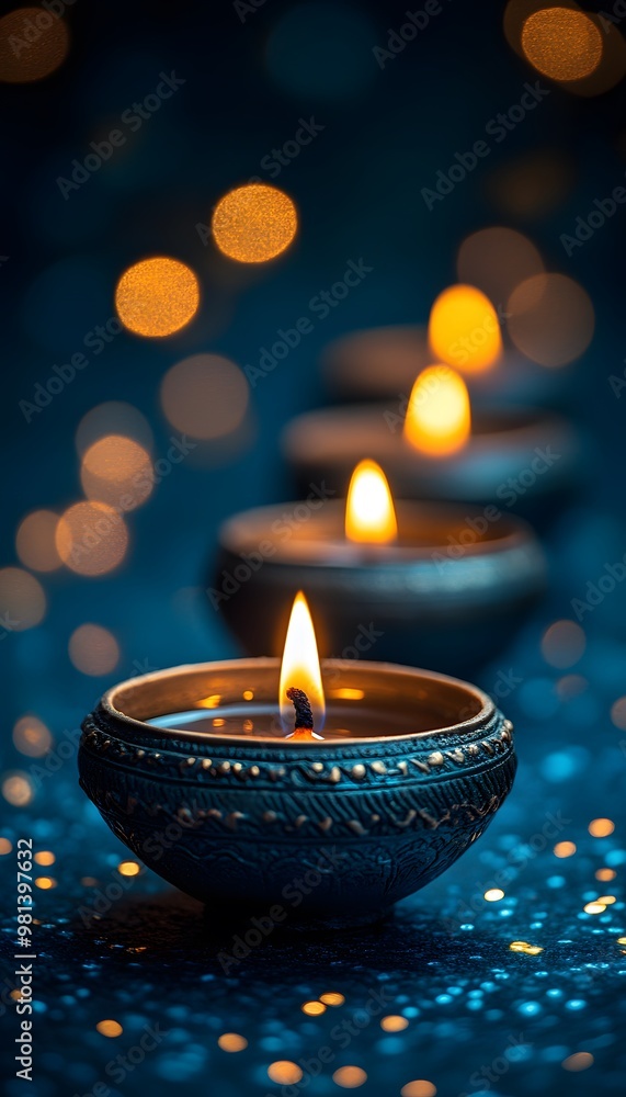 A blue background with golden lights and an Indian oil lamp in the foreground, creating festive Diwali vibes A blue background with golden lights and an Indian oil lamp in the foreground, creating festive Diwali vibes