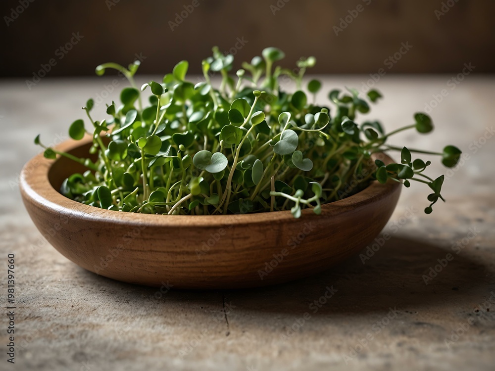 Fresh green microgreens in a wooden bowl in watercolor. Fresh green microgreens in a wooden bowl in watercolor.