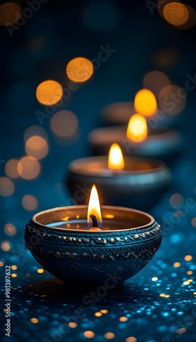 A blue background with golden lights and an Indian oil lamp in the foreground, creating festive Diwali vibes