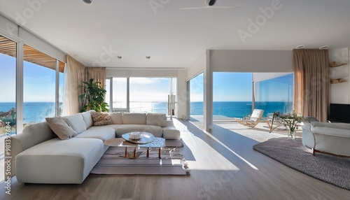 Interior, living room, very bright, reading corner, modern furniture, villa by the sea