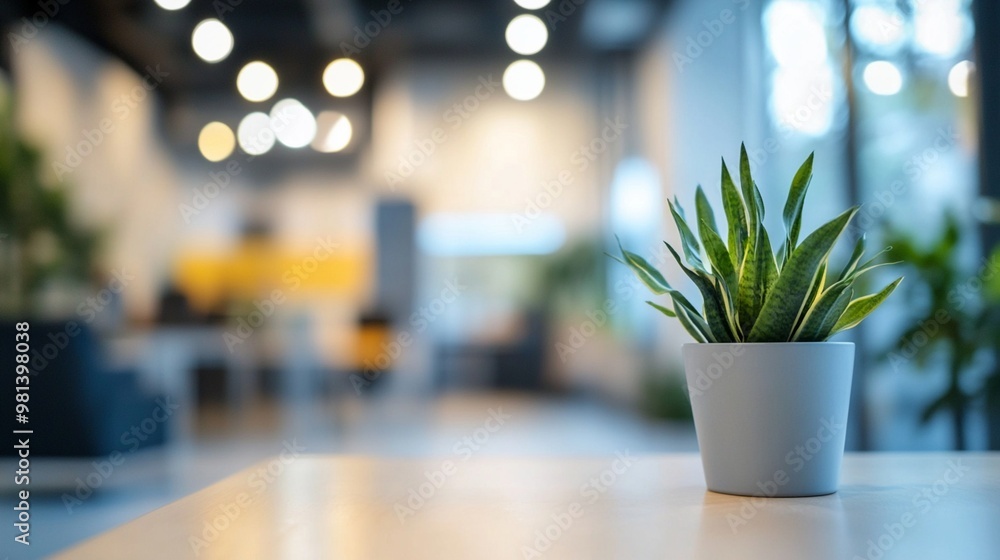 Modern office space with a succulent plant in white pot on foreground desk, blurred background with soft lighting and open workspace, creating a fresh and inviting atmosphere. Modern office space with a succulent plant in white pot on foreground desk, blurred background with soft lighting and open workspace, creating a fresh and inviting atmosphere.