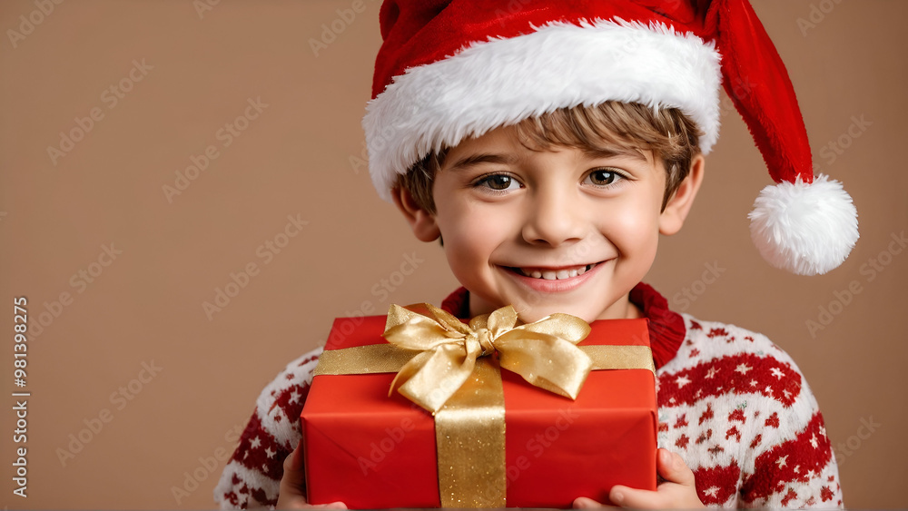 Cheerful young boy wearing a festive red and white Santa hat, beautifully wrapped red gift box. Cheerful young boy wearing a festive red and white Santa hat, beautifully wrapped red gift box.