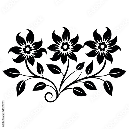 a black and white silhouette of a bunch of flowers. The flowers are daisies with five petals each and a yellow center. The stems and leaves are long and thin, with a few small buds