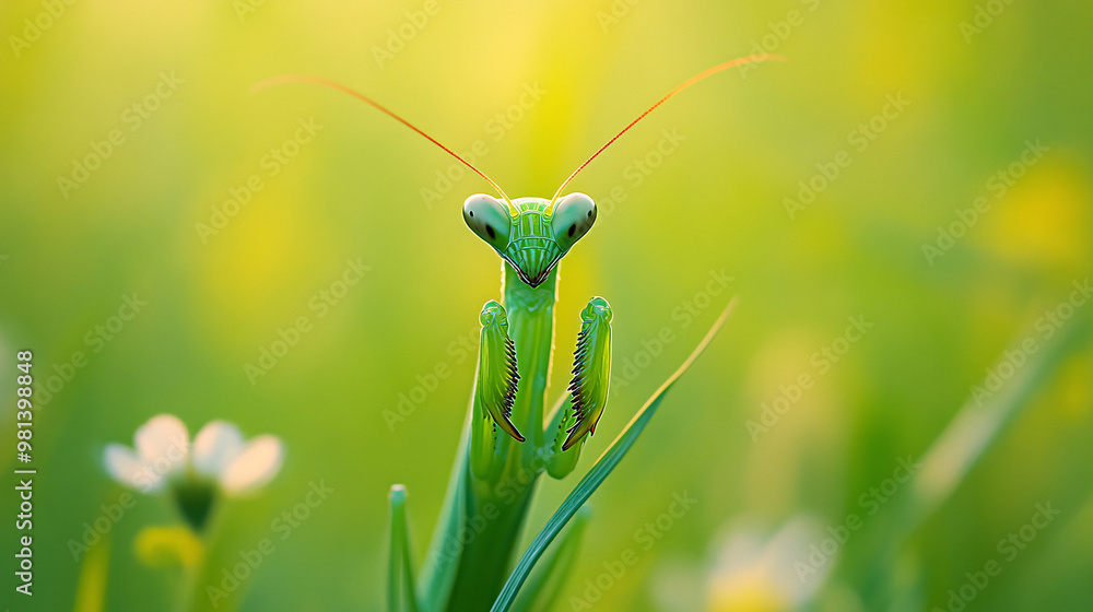 Green Praying Mantis in a Summer Meadow