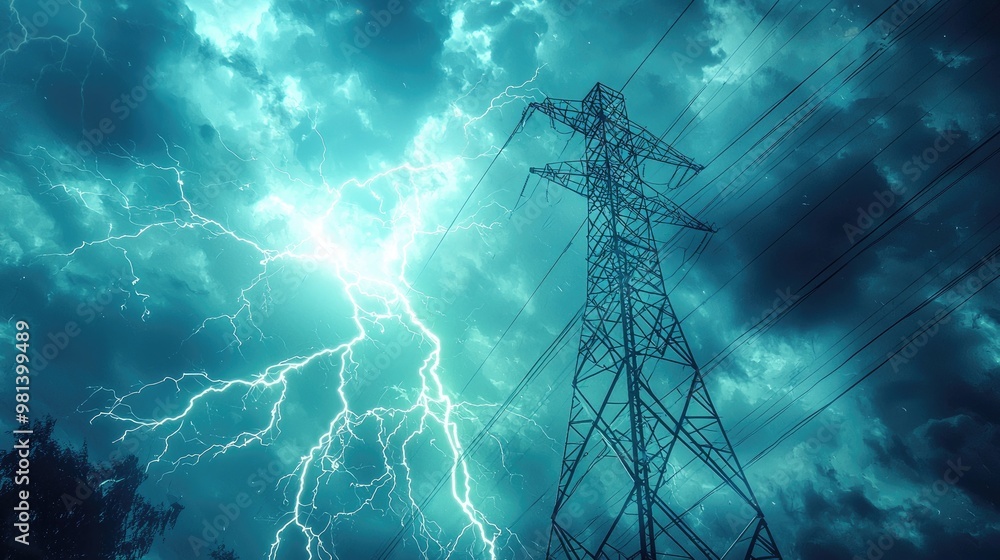 a very big lightnig hitting an electric tower , mint green and blue ...