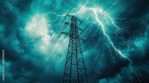 a very big lightnig hitting an electric tower , mint green and blue theme , 8k , realistic , high resolution photo