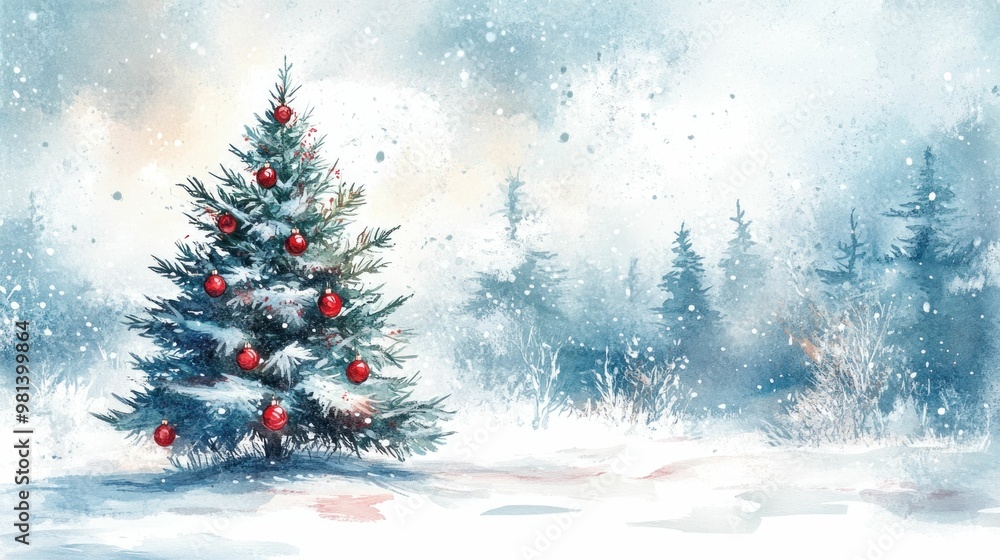 Christmas tree decorated with red ornaments, surrounded by snowy landscape and soft falling snowflakes, creating a peaceful winter scene with a blue gray background Christmas tree decorated with red ornaments, surrounded by snowy landscape and soft falling snowflakes, creating a peaceful winter scene with a blue gray background