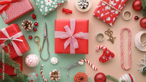 Flat lay of Christmas gift wrapping essentials with festive decorations