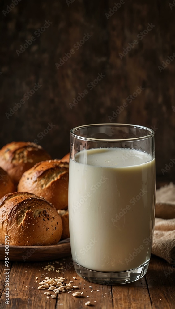 Freshly baked bread and a glass of milk on a wooden table. Freshly baked bread and a glass of milk on a wooden table.