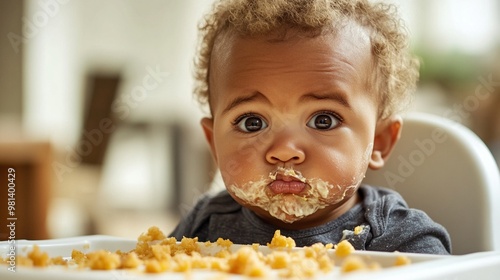 Adorable messy-faced toddler enjoying mealtime with enthusiasm, face covered in food as they explore textures and tastes, capturing the joyful chaos of early childhood.