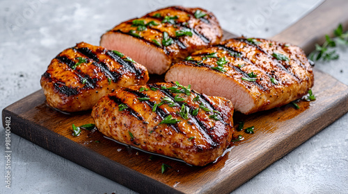 Grilled pork chop or chicken breast sliced on a cutting board photo