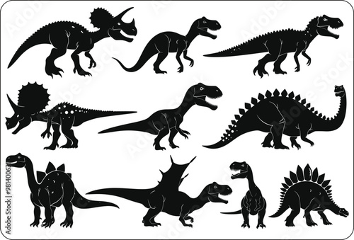 Abstract vector set of isolated dinosaur silhouette illustration, Cute baby Dinosaurs vector illustration, set of funny dinosaur SVG black silhouette, baby invitation template design 