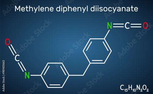Methylene diphenyl diisocyanate, MDI molecule. It is core component in polyurethane synthesis. Structural chemical formula, dark blue background. Vector