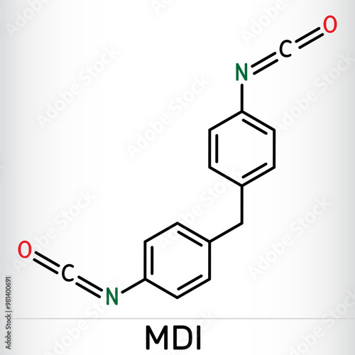 Methylene diphenyl diisocyanate, MDI molecule. It is core component in polyurethane synthesis. Skeletal chemical formula. Vector