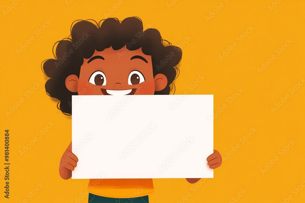 A happy child holding a blank sign, smiling brightly, with space on the sign for custom text. Perfect for kid-themed messages or announcements A happy child holding a blank sign, smiling brightly, with space on the sign for custom text. Perfect for kid-themed messages or announcements