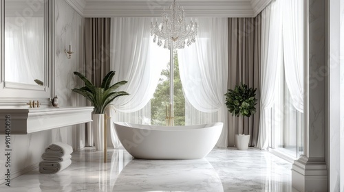 Luxurious Marble Bathroom with Elegant Chandelier and Botanical Accents