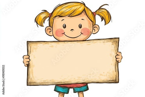 Wallpaper Mural A happy child holding a blank sign, smiling brightly, with space on the sign for custom text. Perfect for kid-themed messages or announcements Torontodigital.ca