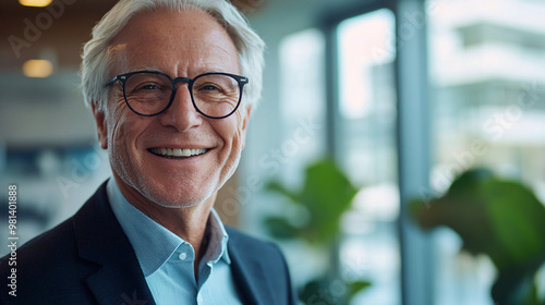 Portrait of a happy and confident senior businessman smiling in a modern office building