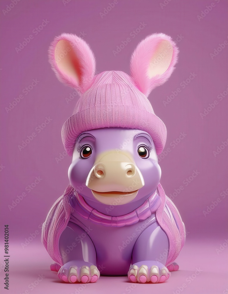A cute purple hippo wearing a pink knitted hat and scarf. The hippo has a big smile and looks like a cartoon character. The background is a soft pink. A cute purple hippo wearing a pink knitted hat and scarf. The hippo has a big smile and looks like a cartoon character. The background is a soft pink.