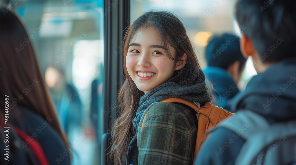 Fototapeta premium asian student waiting at bus stop, laughing and chatting. warm and inviting atmosphere