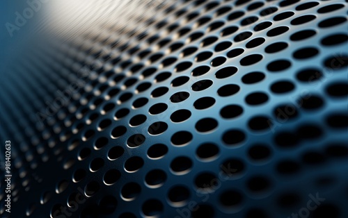 A close-up of a metallic surface featuring perforated patterns, suggesting a design used for acoustics or ventilation.