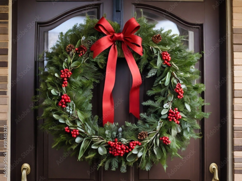 Christmas wreath hanging on a door. The wreath features fresh greenery, berries, and a ribbon, creating a warm and inviting winter holiday welcome. Christmas wreath hanging on a door. The wreath features fresh greenery, berries, and a ribbon, creating a warm and inviting winter holiday welcome.