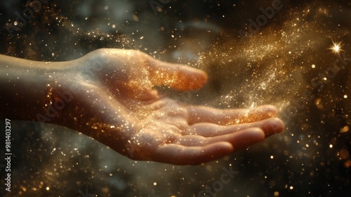 A mesmerizing and captivating image of a hand joyfully extended outward, surrounded by enchanting light and glittering cosmic dust, beautifully evoking a profound sense of wonder and pure magic