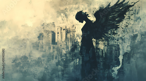 Ethereal angel silhouette merging with gritty abstract urban backdrop in muted tones. Muted Tones. Illustration photo