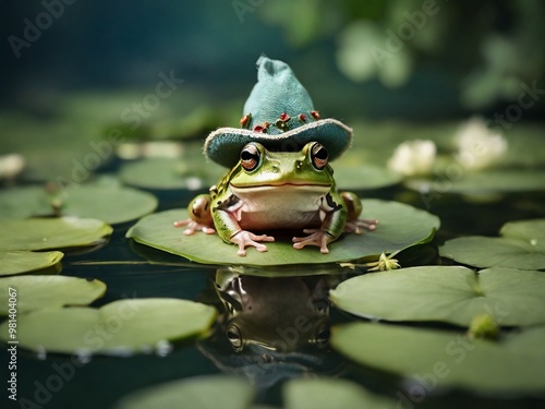 wizzard frog wearing a tiny hat, sitting on a lily pad in a pond, looking whimsical and full of personality. photo